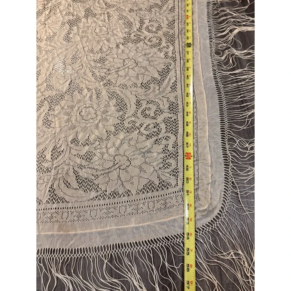 Retro Lace Floral Fringe Cream Ivory Piano Shawl Boho  Granny Cottage